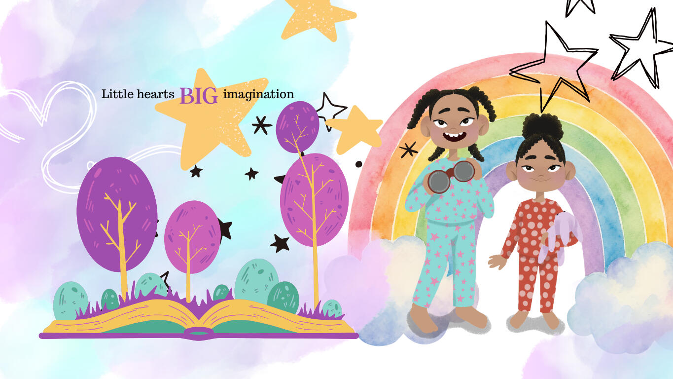 Two little girls standing in an imaginary world of wonder